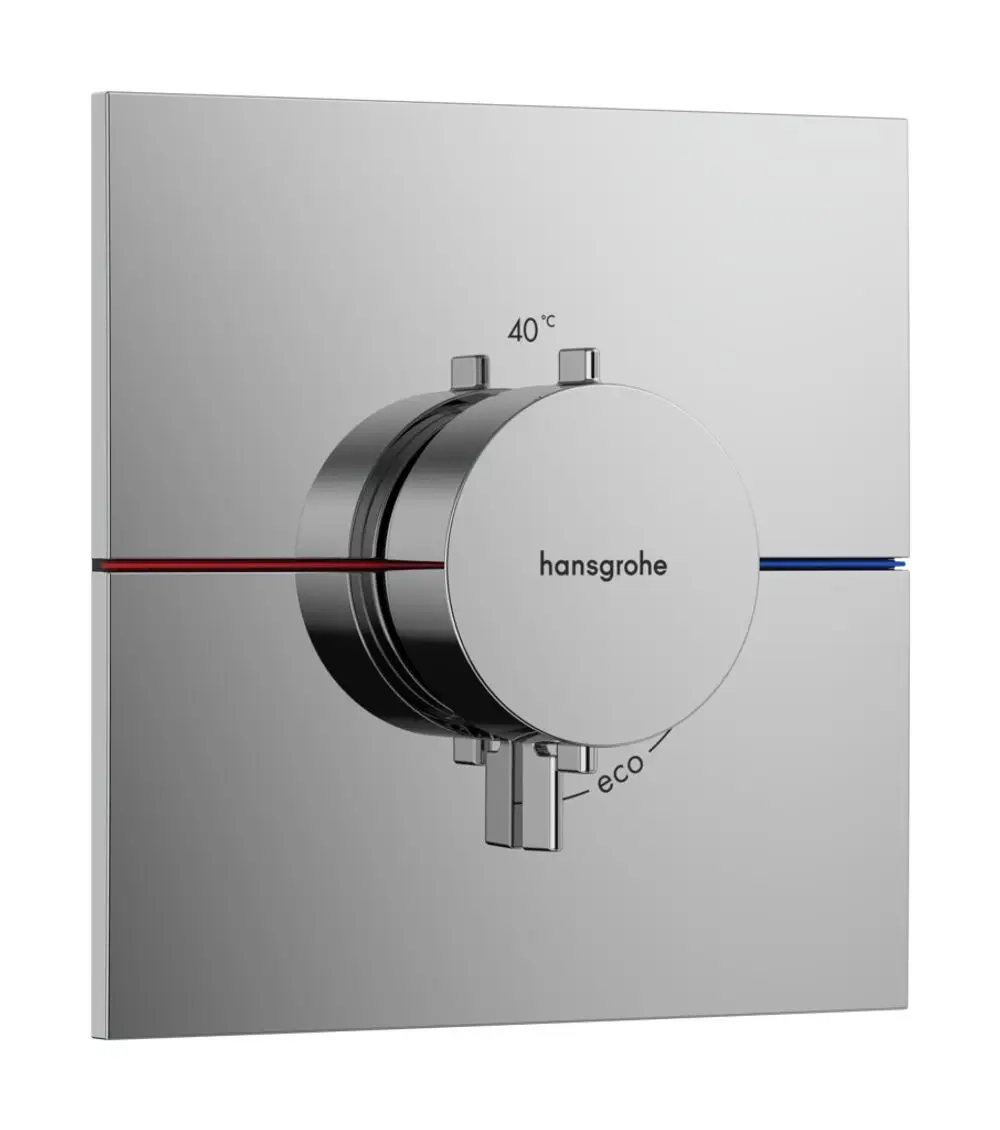 Thermostat von Hansgrohe in Chrom mit einem zentralen Drehknopf zur Temperatureinstellung, neben dem Eco-Modus und einer Skala bis 40°C.